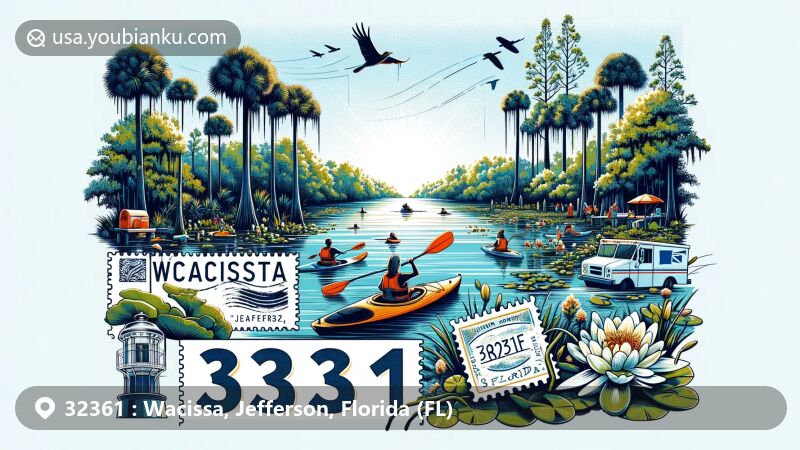 Modern illustration of Wacissa, Jefferson County, Florida, featuring the picturesque Wacissa River, diverse wildlife, and outdoor activities like kayaking and swimming, integrated with postal service symbols and local nature.