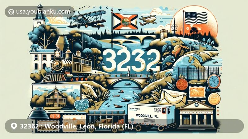 Modern illustration of Woodville, Leon County, Florida, showcasing postal theme with ZIP code 32362, featuring Natural Bridge Battlefield and St. Marks River.