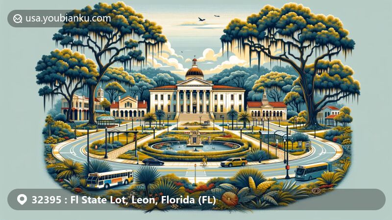 Modern illustration of the 32395 ZIP code area in Leon County, Florida, featuring iconic landmarks like the Carnegie Library, Cascades Park, and Mission San Luis, blending local history, culture, and natural beauty in a visually appealing design.