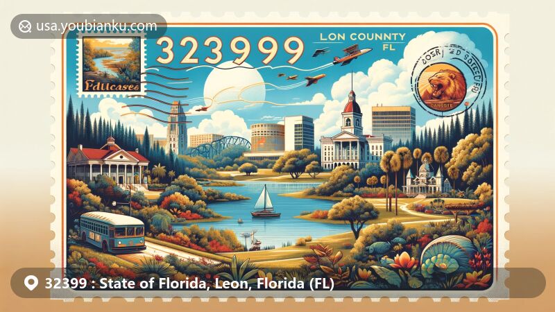 Modern illustration of Leon County, Florida, showcasing Cascades Park, Challenger Learning Center, and Florida State Capitol, with DeSoto Site Historic State Park and Goodwood Museum & Gardens in the background.