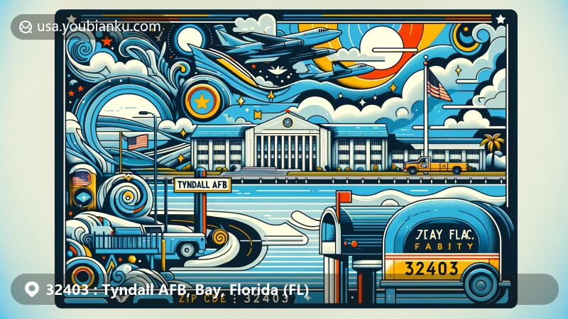Modern illustration of Tyndall AFB in Bay County, Florida, with ZIP code 32403, featuring iconic silhouette of the air force base, Florida flag, marine elements, and postal features in a postcard format.