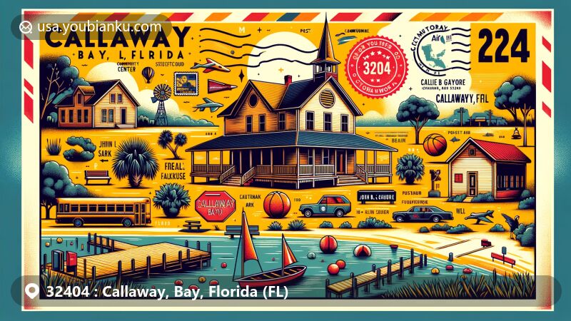 Modern illustration of Callaway, Bay, Florida, featuring John B. Gore Park with community center, schoolhouse, Ellie Fox Memorial Museum, sports fields, playgrounds, and Callaway Bayou. Includes postal elements like a postal stamp with ZIP code 32404 and imagery related to mail delivery.