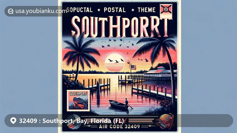 Modern illustration of Southport, Florida, showcasing postal theme with ZIP code 32409, featuring scenic beauty of North Bay and Deer Point Lake, framed by palm trees and Florida state flag.