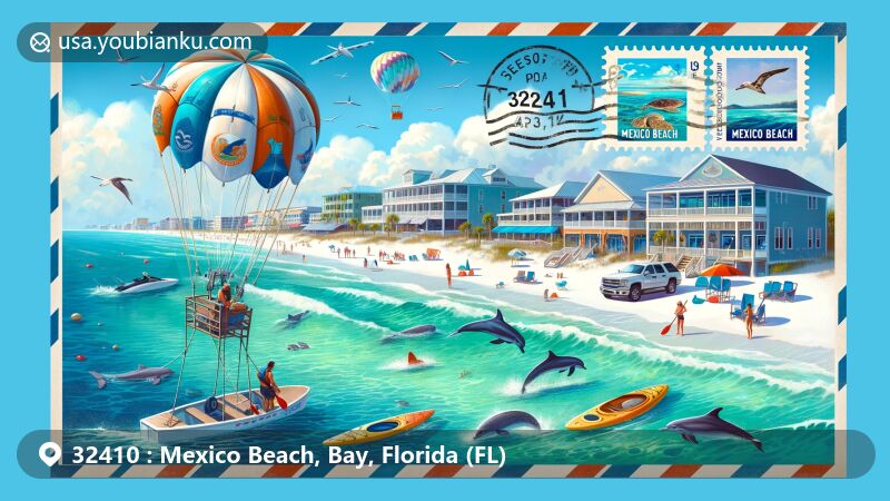 Creative depiction of Mexico Beach, Florida, showcasing white sand beach with emerald waters, water recreation equipment, playful dolphins, sea turtles, and popular seafood restaurants within a vintage airmail envelope.