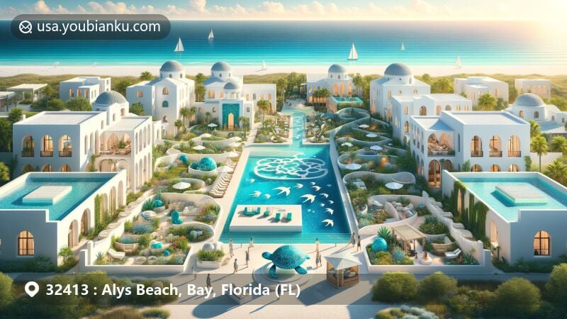 Modern illustration of Alys Beach, Bay County, Florida, showcasing Mediterranean-inspired architecture with dazzling white buildings, lush courtyards, and the iconic Caliza Pool.