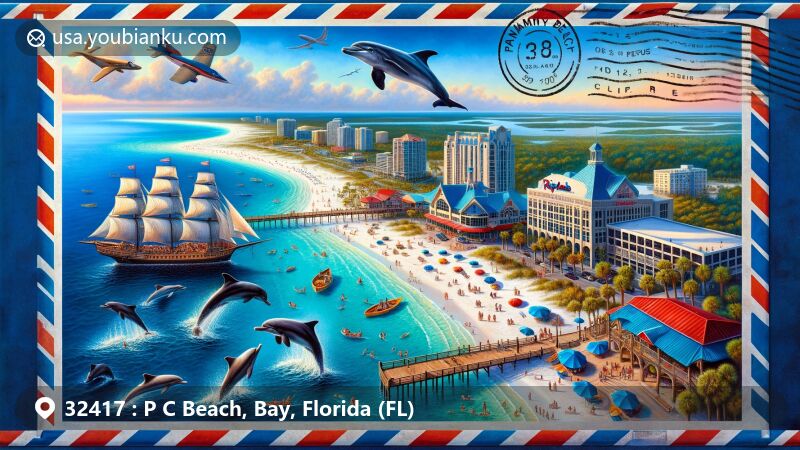 Modern illustration of Panama City Beach, Florida, featuring iconic landmarks and cultural elements within a vintage airmail envelope, showcasing Gulf of Mexico's turquoise waters, Russell-Fields Pier, Ripley's Believe It or Not! museum, playful dolphins, St. Andrews State Park, and Florida state flag stamp.