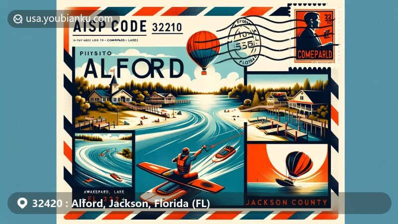 Modern illustration of Alford, Jackson County, Florida, featuring Compass Lake and ZIP code 32420, highlighting the town's outdoor recreation lifestyle and proximity to Marianna and the Florida Panhandle.