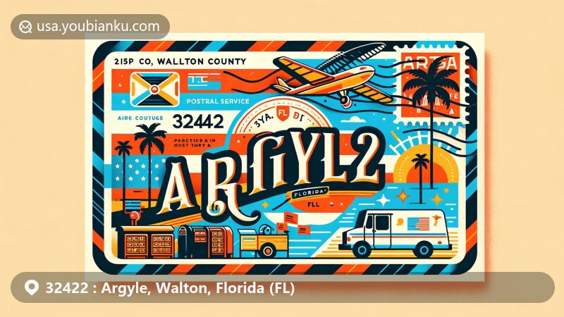Modern illustration of Argyle, Walton County, Florida, showcasing postal theme with ZIP code 32422, featuring palm trees, Walton County silhouette, and Florida state flag.