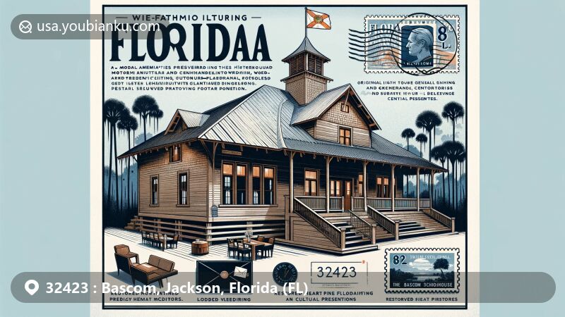 Modern illustration of Bascom Schoolhouse, Jackson County, Florida (FL), showcasing historic charm with metal shingled roof, wood interiors, period lighting, heart pine flooring, and community event symbols. Includes Florida state flag and postal elements with ZIP code 32423.