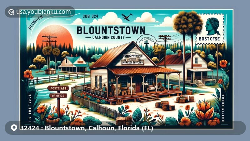 Modern illustration of Blountstown, Calhoun, Florida, ZIP code 32424, showcasing Panhandle Pioneer Settlement with Chipola River, post office sign, M&B Railroad, and local flora.