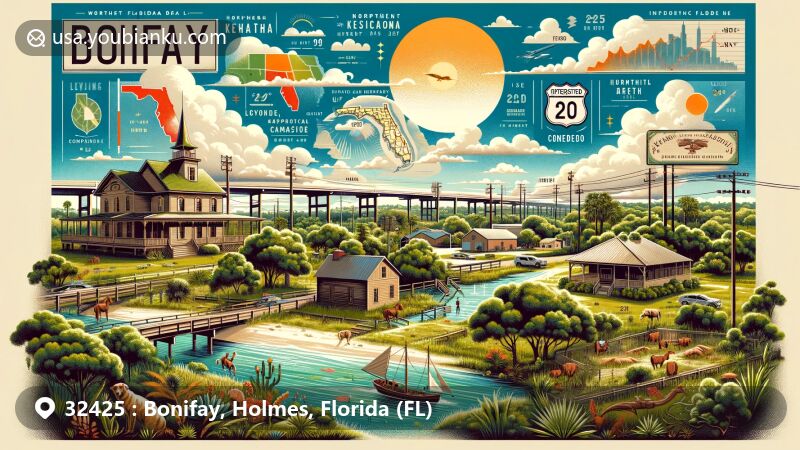 Modern illustration of Bonifay, Florida, emphasizing geographic features, climate, and historical landmarks, including Keith Cabin and Waits Mansion.