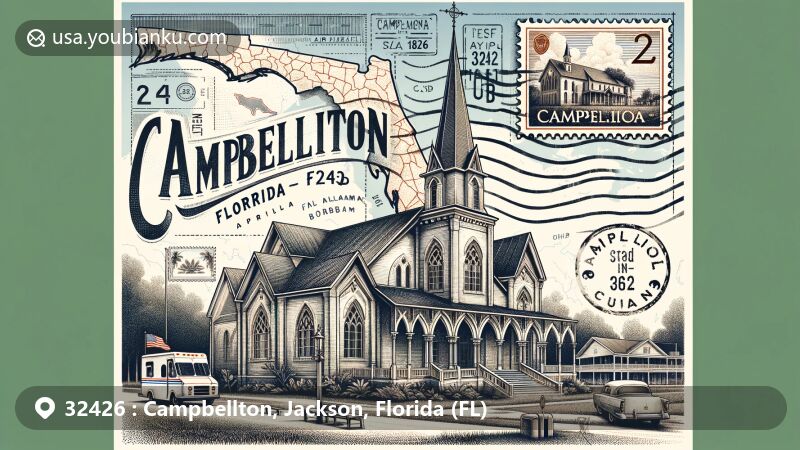 Modern illustration of Campbellton, Jackson County, Florida, presenting air mail postcard with ZIP code 32426, showcasing historic Campbellton Baptist Church and postal elements.