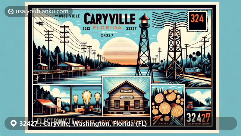 Modern illustration of Caryville, Florida, showcasing postal theme with ZIP code 32427 in vintage postcard style. Features Choctawhatchee River, electric lights symbolizing town's history, sawmill industry elements, highlighting its forestry significance.