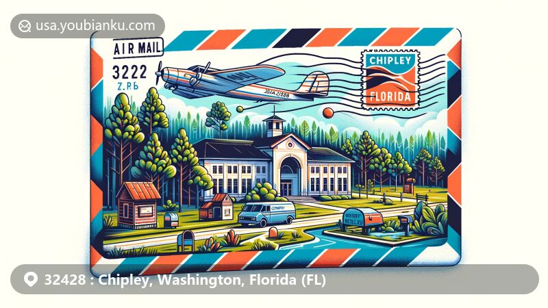 Modern illustration of Chipley, Florida, featuring vintage air mail postcard with ZIP code 32428, showcasing Old Chipley High School and picturesque pine hills.