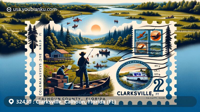 Modern illustration of Clarksville, Florida, blending natural beauty with postal elements, showcasing ZIP Code 32430, stamps featuring Calhoun County and Florida symbols.