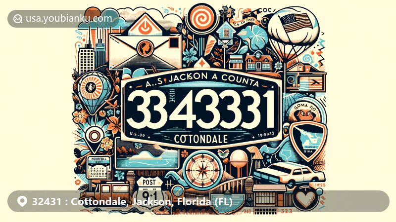 Modern illustration of Cottondale, Jackson County, Florida, capturing the essence of ZIP code 32431 with a blend of postal and regional symbols, including postcard themes, postal stamps, postmarks, and U.S. Route 90 and U.S. Route 231. Depicts the town's position in the Florida Panhandle and North Florida, showcasing resilience after Hurricane Michael and highlighting community spirit.