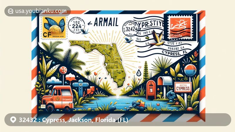 Modern illustration of Cypress, Jackson County, Florida, portraying postal theme with ZIP code 32432, featuring Florida's natural beauty and postal elements.