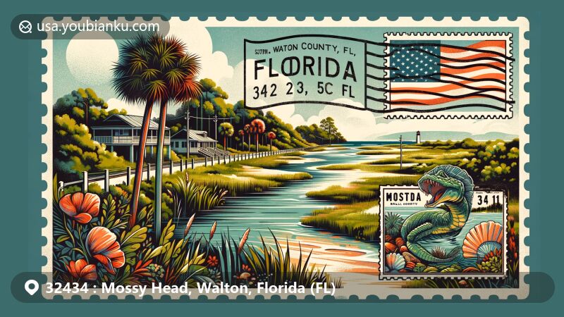 Modern illustration of Mossy Head, Walton County, Florida (FL), capturing the essence of the area with postal elements and natural beauty, featuring lush greenery, the Shoal River, and nods to the Emerald Coast Region.