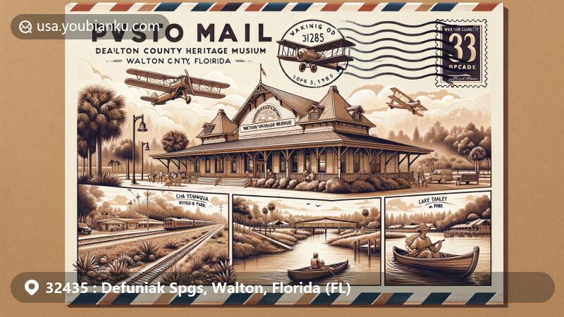Modern illustration of Defuniak Springs area, Walton County, Florida, with vintage air mail envelope featuring Walton County Heritage Museum, Chautauqua Vineyards, Lake Stanley Park, and Lake DeFuniak, symbolizing local culture and natural beauty.