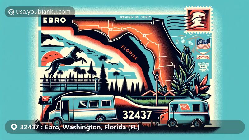 Artistic depiction of Ebro, Washington County, Florida, in postal theme with ZIP code 32437, showcasing Ebro Greyhound Park and Pine Log State Forest elements.