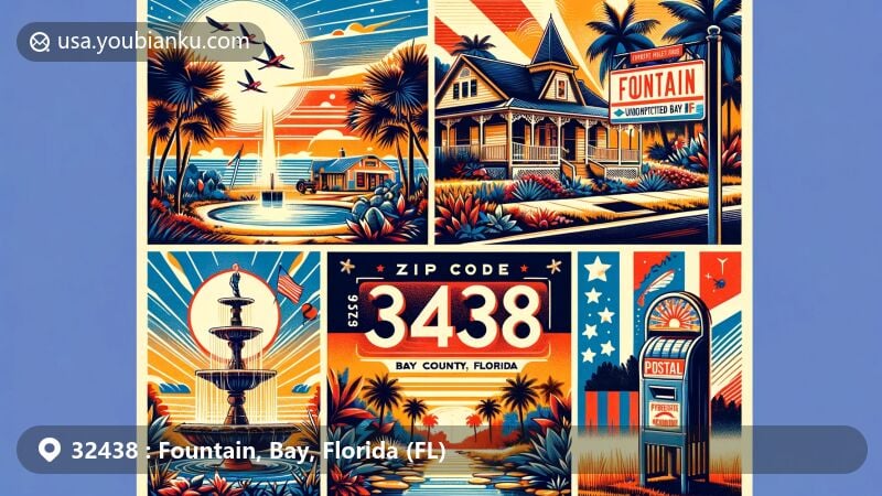 Modern illustration of the Fountain area in Bay County, Florida, featuring vibrant colors and iconic elements like palm trees and the state flag, with a charming representation of Fountain's small-town allure and a postal theme with ZIP code 32438.