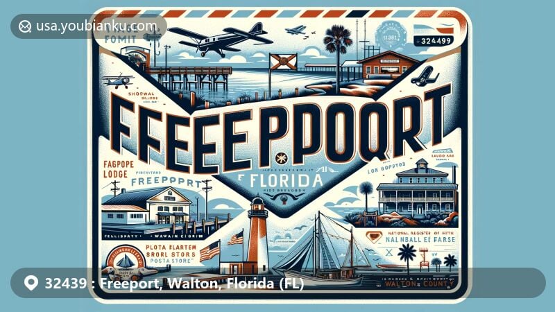 Modern illustration of Freeport, FL, ZIP code 32439, featuring vintage airmail envelope highlighting historical port origins, lumber and naval stores industries, Choctawhatchee Bay, LaGrange Bayou, Eglin Air Force Base, Florida state flag, and local heritage.