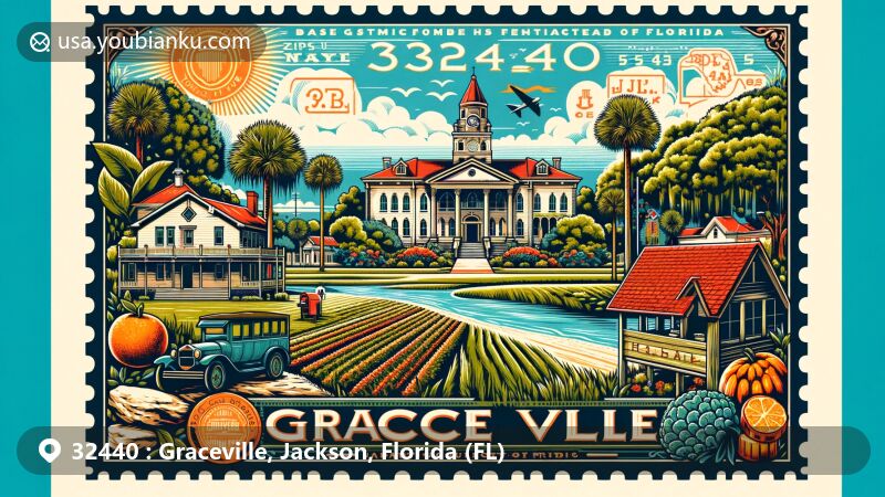 Modern illustration of Graceville, Jackson County, Florida, displaying a postcard design with a vintage postage stamp featuring ZIP code 32440, showcasing Baptist College of Florida, farmlands, limestone deposits, and the Chipola River.