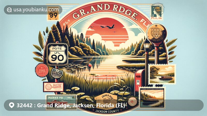 Modern illustration of Grand Ridge, Florida, featuring postal elements and symbols like U.S. Route 90 and Florida State Road 69, highlighting the town's connectivity and historical roots.