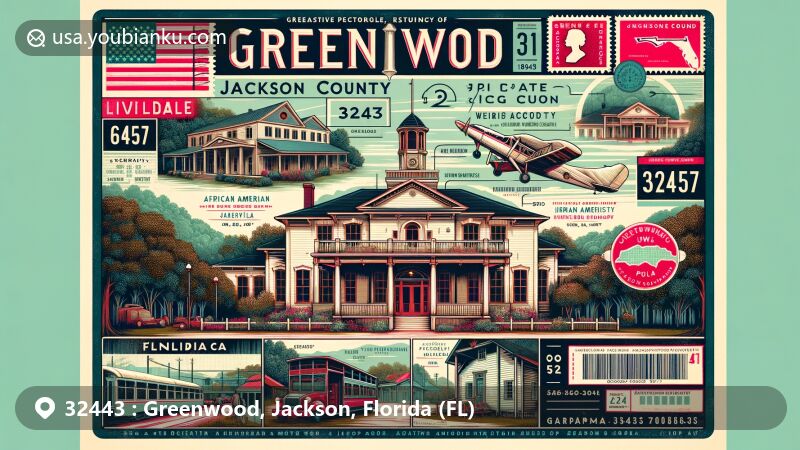 Modern illustration of Greenwood, Jackson County, Florida, capturing the town's geographic location, demographic diversity, and postal theme with ZIP code 32443.