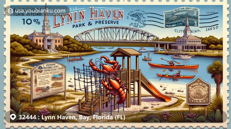 Modern illustration of Lynn Haven, Bay County, Florida, depicting Lynn Haven Bayou Park & Preserve with Panama City Crawfish playscape, Bailey Bridge, City Hall, and educational landmarks like A. Crawford Mosley High School, blending natural beauty with postal elements.