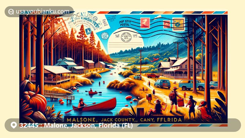 Modern illustration of Malone, Jackson County, Florida, blending town features with postal elements, depicting lush tropical hills, nature reserves, and outdoor activities like hiking, fishing, and swimming.