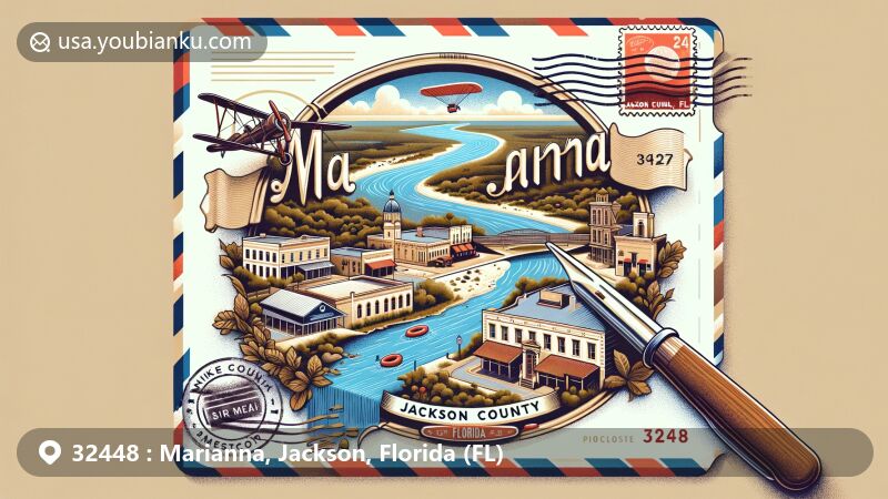 Modern illustration of Marianna, Jackson County, Florida, highlighting postal theme with ZIP code 32448, featuring historic downtown, Chipola River, and Spring Creek.
