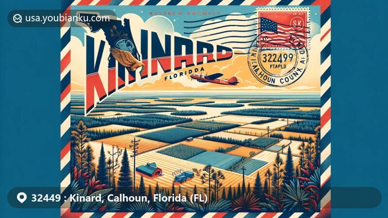Modern illustration of Kinard area in Calhoun County, Florida, blending natural beauty with postal theme, featuring serene rural landscape, pine forests, farmlands, vintage airmail envelope with Florida state flag, postal stamps, and postmark.