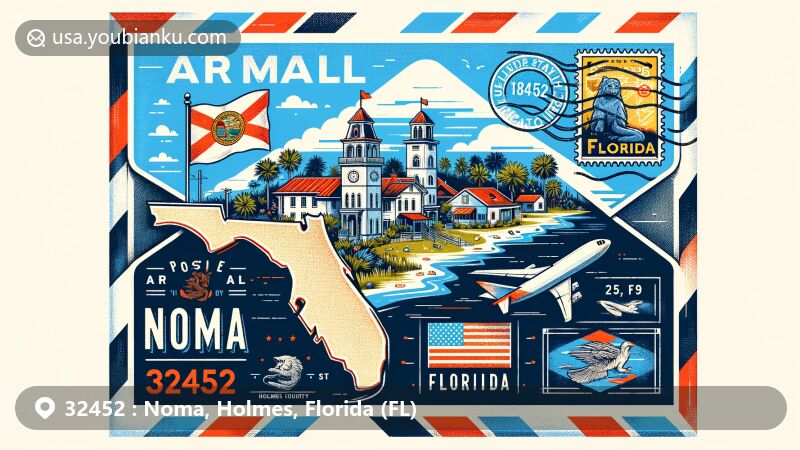 Creative illustration of Noma, Holmes County, Florida, featuring air mail envelope design with ZIP code 32452, town name, and stylized map, blending modern style with state symbols.