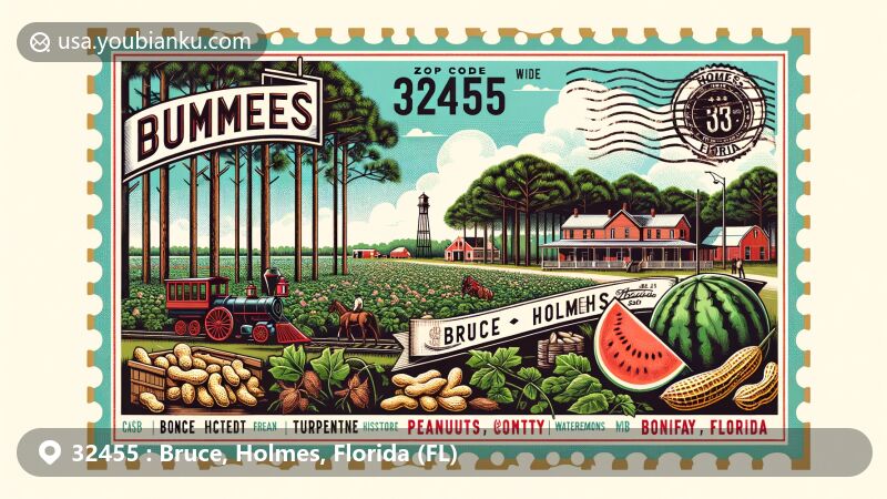 Vintage-style postcard illustration of Bruce area in Holmes County, Florida, capturing cultural heritage, pine forests, Bonifay Historic District, agricultural scene, and rodeo event.