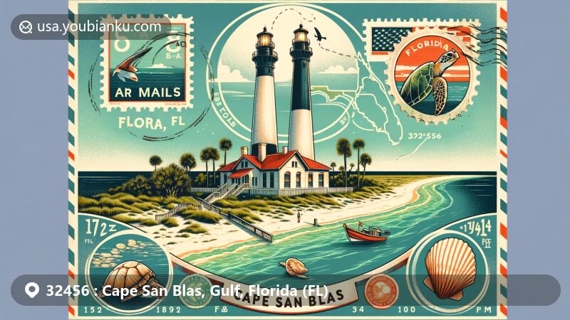 Modern illustration of Cape San Blas, Gulf County, Florida, highlighting Cape San Blas Lighthouse, serene beaches, emerald-green waters, and local wildlife, framed as vintage air mail envelope with postal stamps.