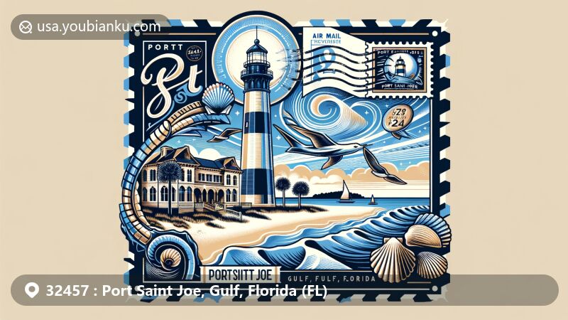 Modern illustration of Port Saint Joe, Gulf, Florida, highlighting Cape San Blas Lighthouse and maritime heritage, integrating air mail elements with decorative border and postal stamp of Centennial Building.