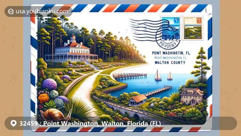 Modern illustration of Point Washington, Walton County, Florida, featuring Eden Gardens State Park, Point Washington State Forest, Choctawhatchee Bay, and scenic ZIP code 32459.