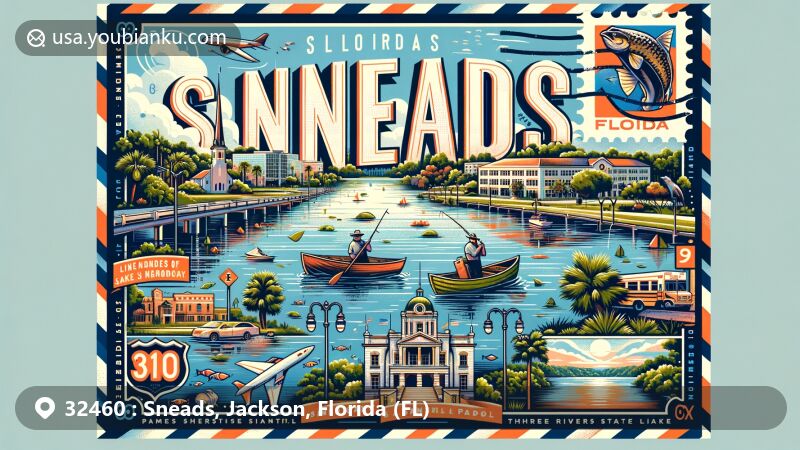 Modern illustration of Sneads, Florida, highlighting Lake Seminole, Sneads High School, and Three Rivers State Park, with a postal theme and ZIP code 32460, capturing the essence of the community.