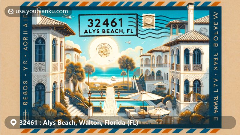 Modern illustration of Alys Beach, Walton County, Florida, representing postal theme with ZIP code 32461, featuring Mediterranean-style architecture, white villas, courtyards, palm-lined pathways, and Emerald Coast beach scene.