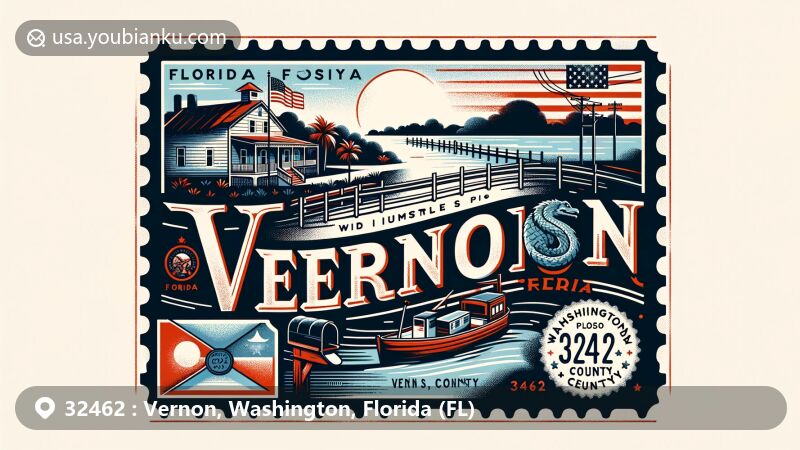 Modern illustration of Vernon, Washington County, Florida, featuring a postcard design with a scenic view of Holmes Creek, state symbols, and postal elements, showcasing the town's history and natural beauty.