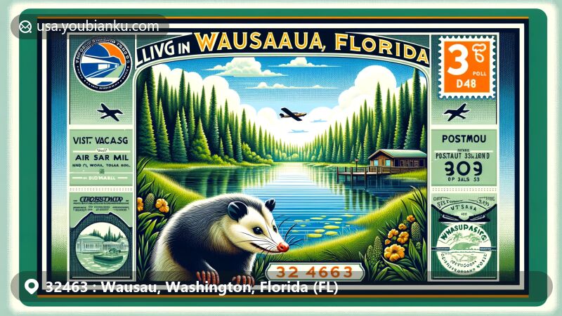 Soothing illustration of Wausau, Florida, ZIP code 32463, showcasing lush forests, sparkling lakes, vintage airmail envelope, and a possum, epitomizing the town's 'Possum Capital of the World' title.