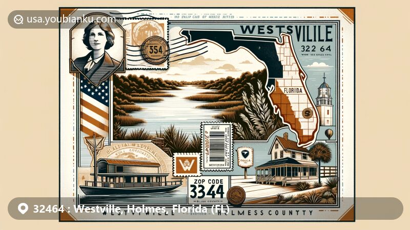 Modern illustration of Westville, Holmes County, Florida, showcasing the Choctawhatchee River, Laura Ingalls Wilder, Florida state flag, and Holmes County outline in a vintage postcard style with postal motifs and ZIP code 32464.