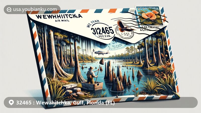 Modern illustration of Wewahitchka, Florida, featuring vintage air mail envelope with postcard displaying Dead Lakes and beekeeper collecting Tupelo Honey. Includes ZIP code 32465 and Florida state symbols.