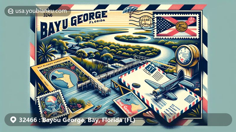 Modern illustration of Bayou George, Bay County, Florida, showcasing postal theme with ZIP code 32466, featuring Bayou George Creek and local symbols.