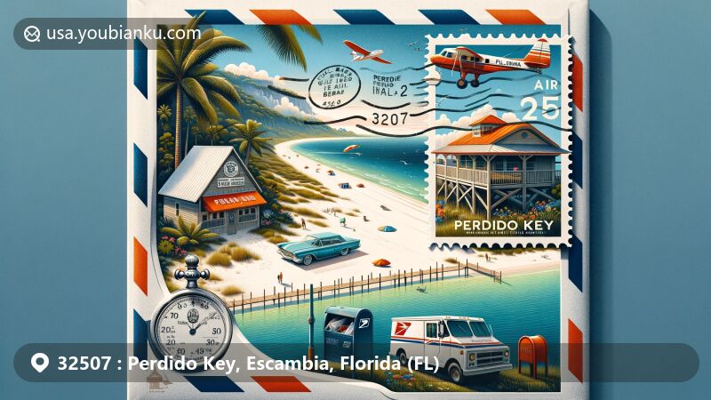 Modern illustration of Perdido Key, FL, featuring Gulf Islands National Seashore stamp on an airmail envelope with background of Flora-Bama Beach Bar, pristine beaches, and serene Gulf of Mexico. Vintage mailbox and postal van symbolize communication from this scenic spot. 'Perdido Key, FL 32507' clearly stamped, celebrating region's unique charm and postal heritage, blending natural elements, local landmarks, and postal theme into a visually attractive and creative tribute.