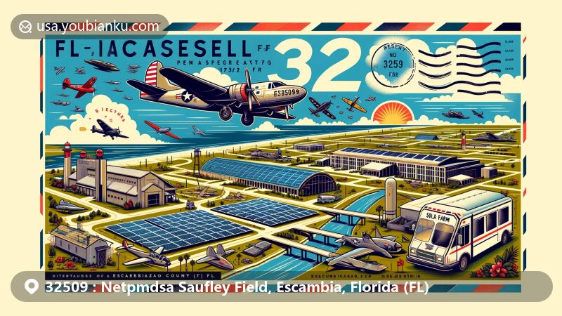 Modern illustration of Saufley Field, ZIP code 32509, Pensacola, Florida, featuring aviation-themed postcard with vintage aircraft and solar farm, highlighting naval aviation role.