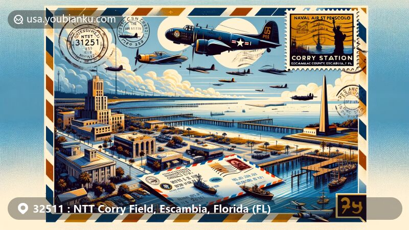 Modern illustration of Naval Air Station Pensacola Corry Station in Escambia County, Florida, blending navy training and postal themes, featuring vintage air mail envelope, navy planes, and coastal landmarks.