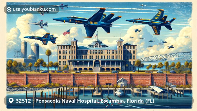 Modern illustration of the 32512 ZIP code area in Pensacola, Florida, highlighting Pensacola Naval Hospital, aviation history, and iconic landmarks like Naval Air Station Pensacola and National Museum of Naval Aviation.
