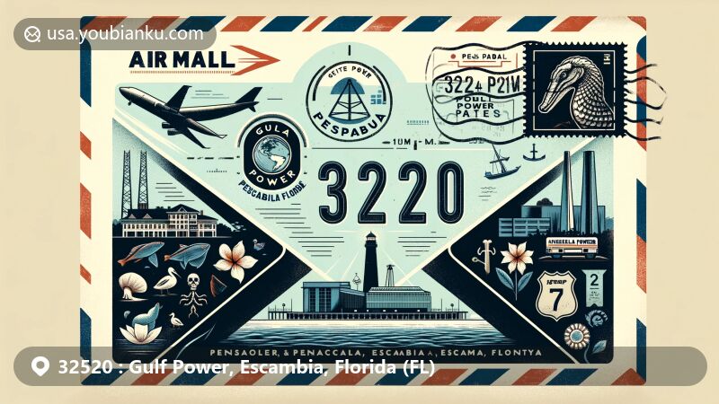 Modern illustration of Gulf Power, Escambia, Florida, featuring air mail envelope representing postal communication, Pensacola Village, Joe Patti's Seafood market, and Gulf Power's significance through electricity or power plant silhouette.
